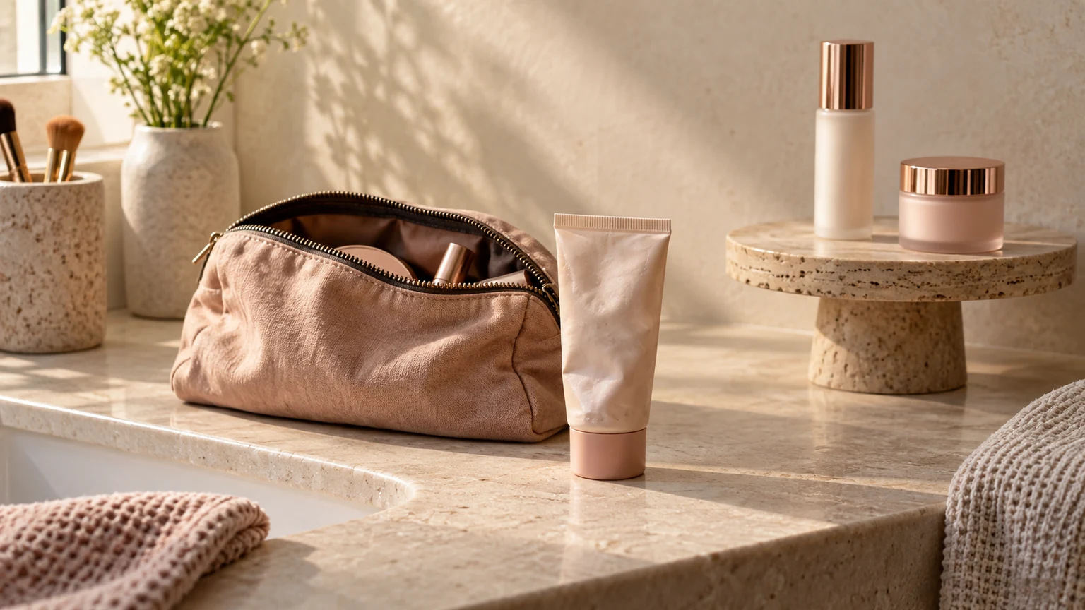A used beauty pouch and everyday tube contrasted with untouched products on a display stand.